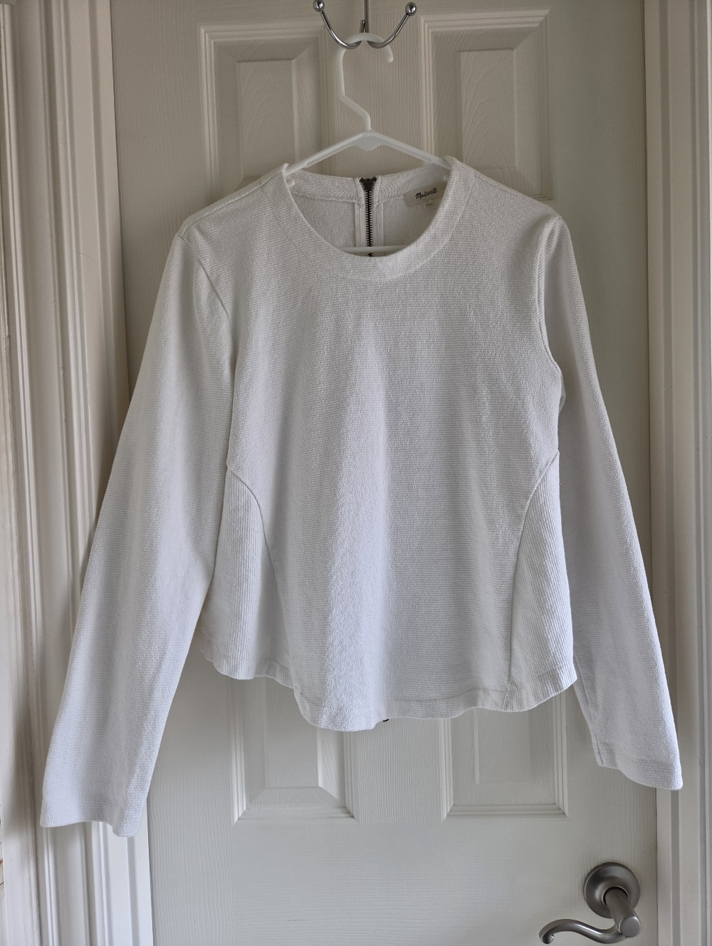 Madewell‎ Comeback Zip-Back Top White Ribbed Knit Long Sleeve Crew Neck L